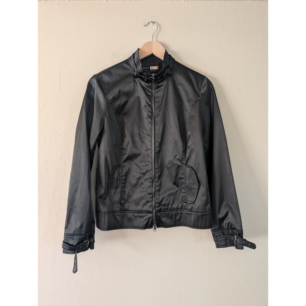 Black Satin Mock Neck‎ Zip Up Jacket Womens 4 Grunge Edgy Punk Goth Buckle Y2K